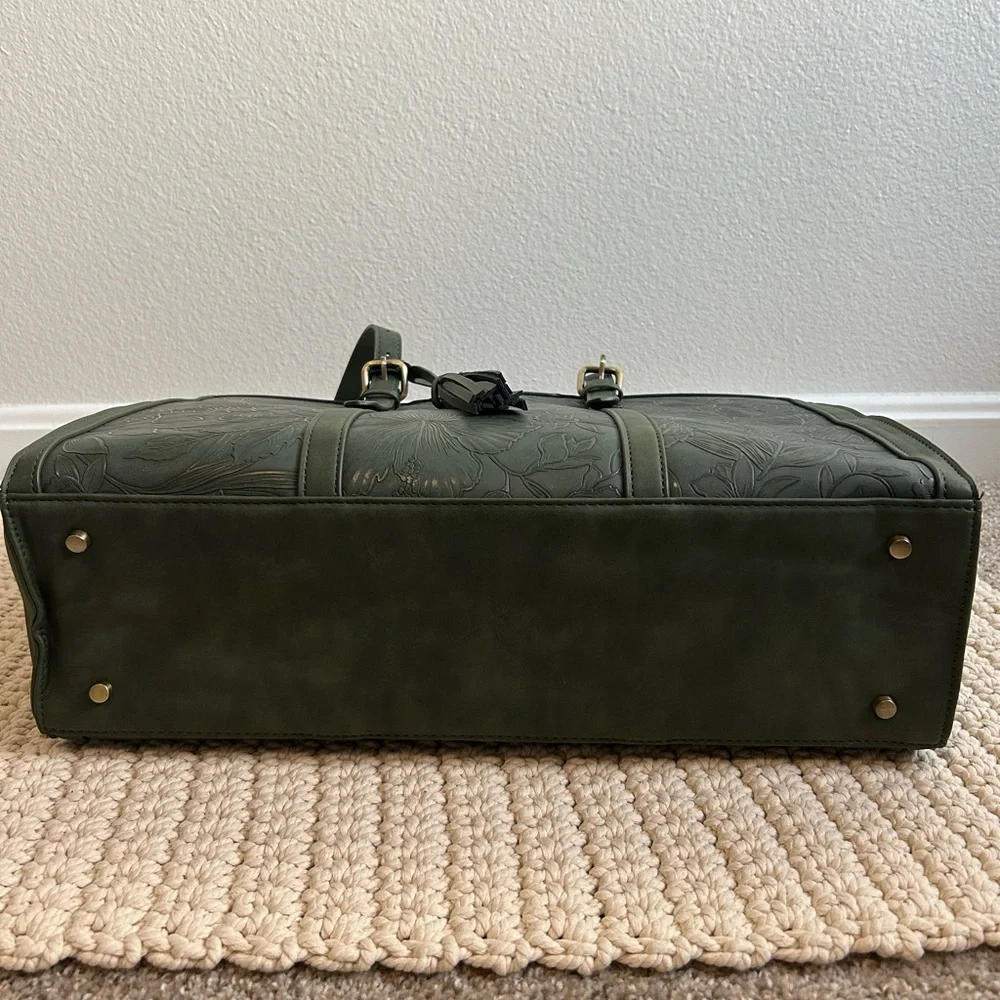 Leather Style Embossed Floral Forest Green Women's Tote Bag - Picture 15 of 15